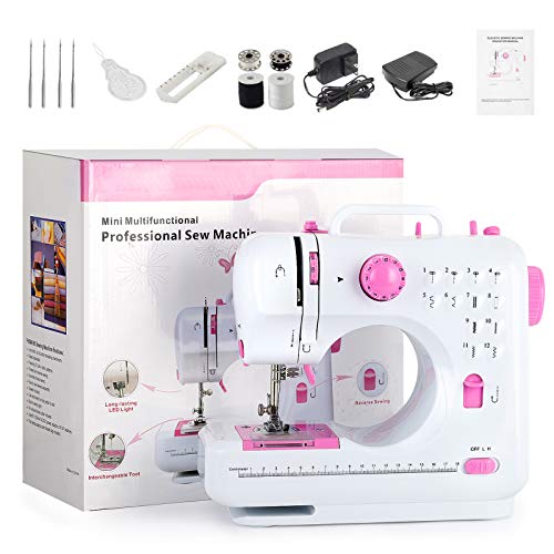 Mini Sewing Machine Portable Sewing Machine for Beginner Electric Crafting Mending Machine with 12 Built-in Stitches Double Thread and Speed Pink