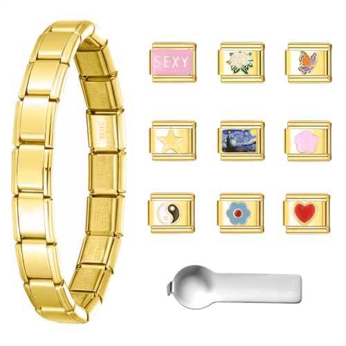 Image of HIVTE 11 PCS Italian Charm Bracelet Starter Kit, 9mm Stainless Steel Gold Italian Link Bracelet with Charms and Removal Tool | Compatible with Italian Charms