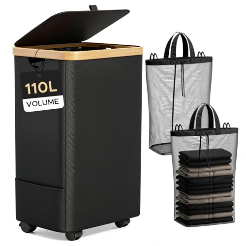 JYPS Panier a Linge 2 Compartiment, 110L Paniere a Linge Sale sur Roulettes avec Couvercle, 2 Sac à Linge Amovible, Bac a Linge Oxford avec Poignée en Bambou...