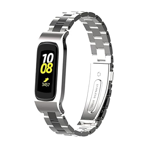 Gheper Metal Watchband Compatible with Samsung Galaxy Fit2 SM-R220 Stainless Steel Protective Frame Case Design Wrist Strap Bracelet Replacement for Fit 2 SM-R220 Smartwatch Accessory (Silver-Black) Cover