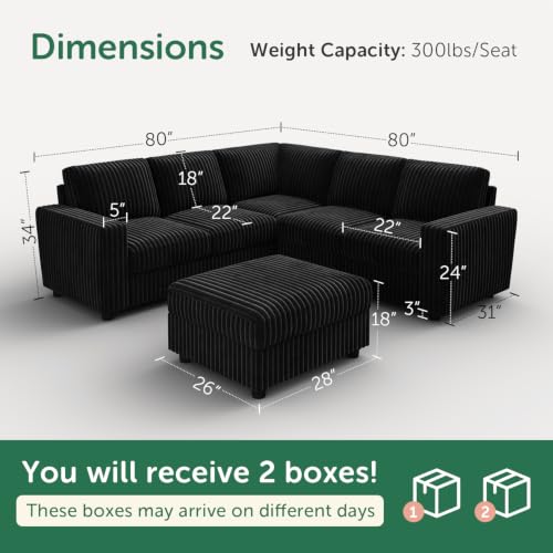 Image of HONBAY Corduroy Sectional Sofa with Ottoman, 6 Seat L Shaped Couch, Black