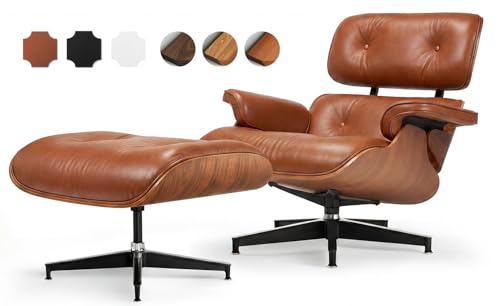 Anamorn Top Grain Leather Luxury Mid Century Modern Lounge Chair and Ottoman Indoor Chaise Lounge Reading Accent Arm Chair Classic Design Heavy Duty Base Support for Living Room Walnut-Brown