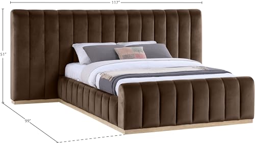 Image of Meridian Furniture AmaraBrown-Q117 Collection Modern | Contemporary Queen Bed, Ultra Luxe Brown 460 GSM Velvet, Natural Finish, Solid Wood Base and Inner Frame, 117 inch W x 99 inch D x 51 inch H, Brown, Queen