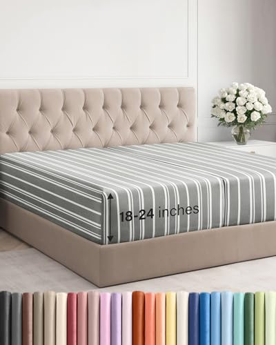 Image of Extra Deep Split King Fitted Sheet - Single Fitted Sheet - Grey Stripes | Easily Fits 18 inch to 24 inch Mattress, Soft, Wrinkle Free, Breathable & Comfy, Extra Deep Pockets Hotel Luxury Fitted Sheet