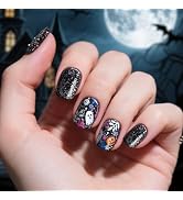 Black Halloween Press on Nails Short Square Glitters Fake Nails with Designs Cute Pumpkin Ghost, ...