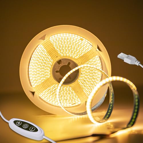 Macchiatto 2M USB 5V COB LED Streifen Warmweiss 3000K, 640 LEDs Dimmbar Lichtband CRI90+, COB LED Strip Punktlos Flexible für TV Hintergrundbeleuchtung Schlafzimmer Küche Kleiderschrank