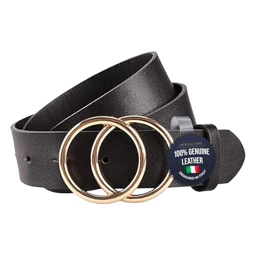 Fashion Leather Belt For Women - Design in Italy Double Buckle Belt Leather(M), Black