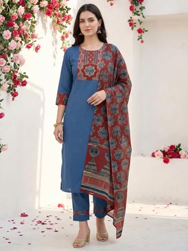 Image of INDO ERA Women's Straight Pure Cotton Floral Self Design Kurta & Pant With Dupatta Set | Kurta Sets For Woman