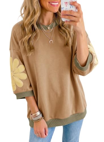 Dokotoo Khaki Sweatshirts for Women 2026 3/4 Sleeve Trendy Pullover XL