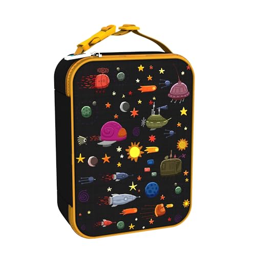 Ion8 Spaceships Design Lunch Bag, Easy Access 3-Sided Zip, Write-On Name Patch, Freshness & Insulation for 6 Hours, Elasticated Mesh Pocket for Bottles, Machine Washable, Polyester Material, Black