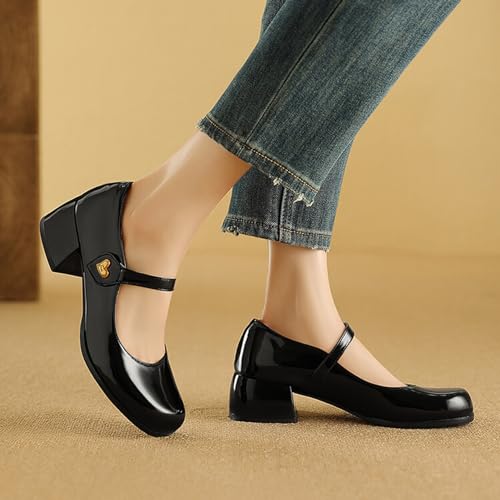 Alyaafifa Block Heel Pumps for Women 2 Inches Ankle Strap Low Heel Mary Janes Closed Square Toe Patent Leather Dress Shoes Cute Comfortable Party Event Business Prom Daily2