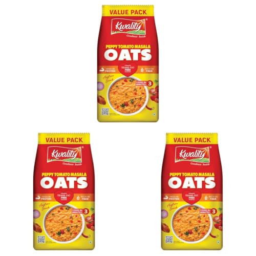 Image of Kwality Peppy Tomato Masala Oats 400g | Healthy Breakfast | High Fiber & Protein | Ready-to-Cook | Spicy Flavor (Pack of 3)