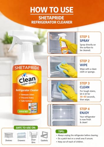 Image of Refrigerator Cleaner Spray & Deodorizer 500ml | Food-Safe Formula | Eliminates Odors & Stains | Cleans Fridge Shelves, Drawers & Interior Surfaces