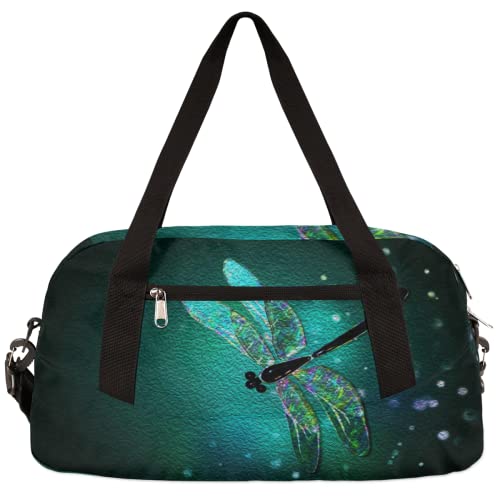Glass Dragonfly Green Kids Duffel Bag for Girls Boys Teens, Dragonfly Oil Painting Dance Bag Overnight Small Duffel Bag Carry On Weekend Sports Gym Travel Bag for School Practice Gymnastics Ballet