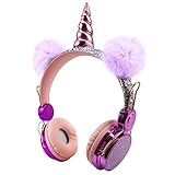 Kids Bluetooth 5.0 Unicorns Headphones with Fluffy Bear Ears On-Ear Stereo Wireless Headset with Mic Kids Headband Earphone for Girl Boy Support Aux in Compatible with Smartphones PC Tablet