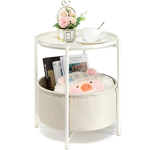 danpinera Round Side Table with Fabric Storage Basket, Metal Side Table