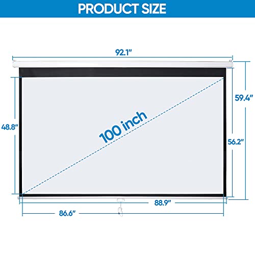 Image of 100 inch 16:9 HD Manual Projector Screen with Auto Lock Anti-Crease Home Theater Office Wall Mounted Ceiling Pull Down Projection 1.1 Gain Matte White, View Size: 87 x 49 inches