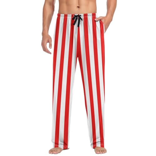 Red White Stripes Men's Pajama Pants Soft Lounge Sleep Pants, PJ Bottoms with Pockets3