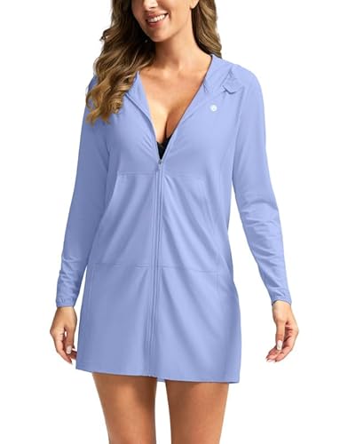 Women's UPF 50+ Swim Cover Up Sun Protection Hoodie Long Jacket SPF Lightweight Beach Cover Ups for Women(Fog Blue,XXL)
