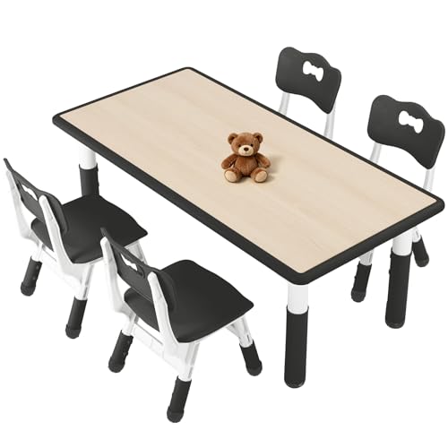 Image of FUNLIO Kids Table and 4 Chairs Set for Ages 3-8, Height Adjustable Toddler Table and Chair Set, Easy to Wipe Arts & Crafts Table, for Classrooms /Daycares /Homes, CPC & CE Approved (5-Piece Set) - Black