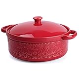 FE Casserole Dish, 2 Quart Round Ceramic Bakeware with Cover, Lace Emboss Baking Dish for Dinner, Banquet and Party (Red)