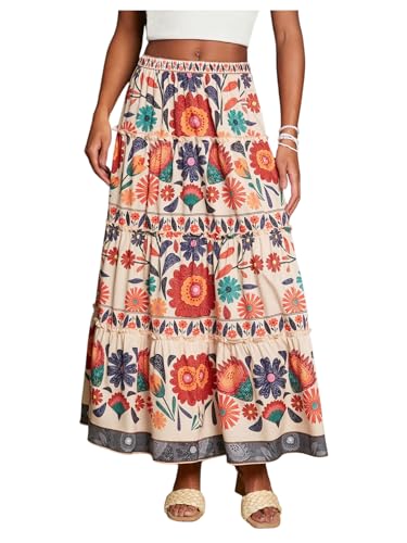 SweatyRocks Women's High Waist Floral Print Ruffle A Line Long Maxi Boho Vacation Skirt