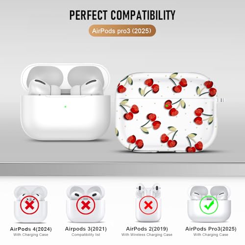 Image of Compatible Airpods Pro 3 Case (2025),Soft Cute Cherry Print Silicone Protective Cases for Apple AirPods Pro 3rd Generation Case,Airpod Pro 3 Cover with Keychain&Cleaner Kit for Women /Girls,Cherry