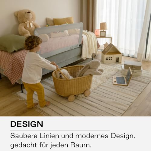 Jané Klappbares Kinderbettgitter 90 cm, Extra Hoch, Atmungsaktiv, inkl. Transporttasche, Grau