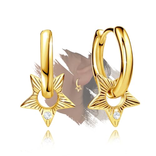 Small Star Hoop Earrings for Teen Girls Women - Sterling Silver Gold Star Earrings Hypoallergenic Cubic Zirconia Lightweight Loop Earrings Fashion Women's Earrings Gifts for Christmas
