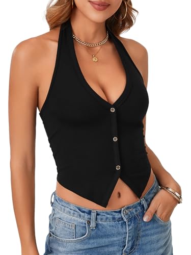 OPOIPIN Women's Halter Ribbed Knit Top V Neck Sleeveless Sexy Vest Tank Top3