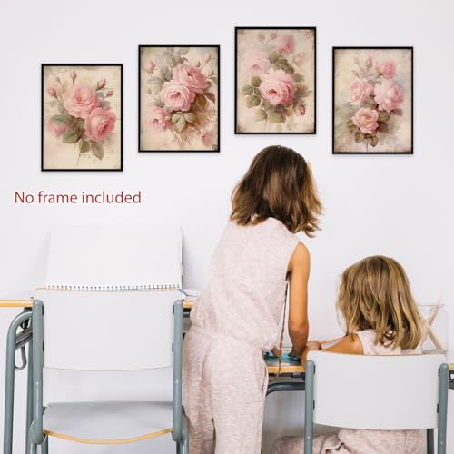 Image of laveliabel Vintage Pink Rose Wall Art Prints Set of 4 Unframed, Floral Wall Decor, Shabby Chic Pink Floral Botanical Poster Prints for Cottagecore Home Room Wall Decor 12x16 Inches