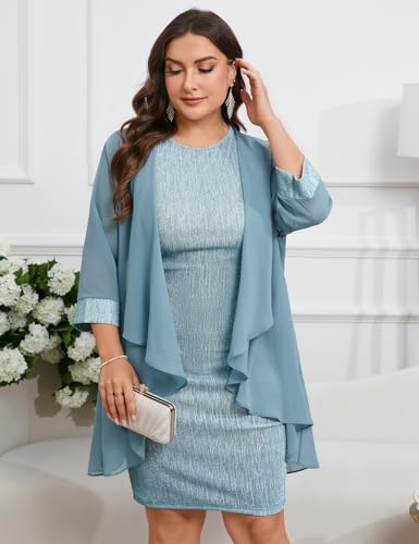 Image of ZOMVA Plus Size Sparkly Formal Dress Suit 2 Piece Mother of The Bride Groom Chiffon Jacket Outfit Cocktail Evening
