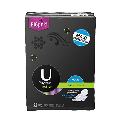U by Kotex Extra* Long Maxi Pads with Wings, Unscented-30 ct