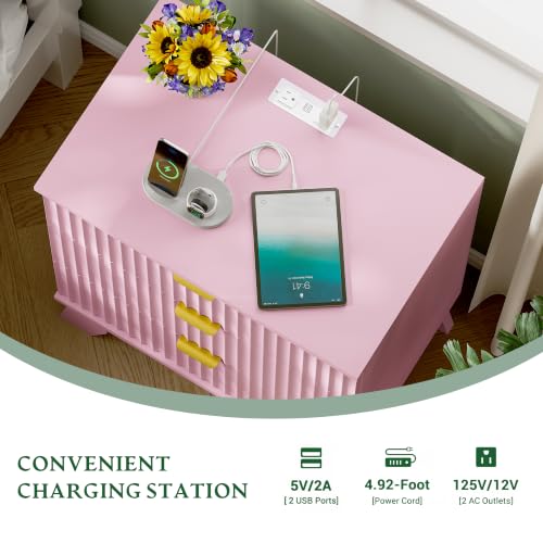 Image of Xixini Fluted Nightstand with Charging Station, Tall Bedside Table, Pink