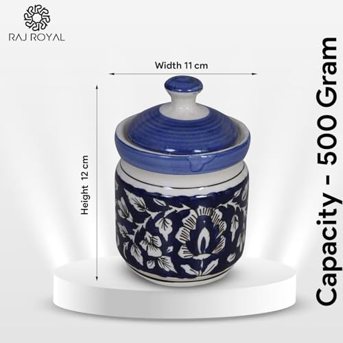 Image of Ceramic Corinchon Storage Jar Container with Lid - Pottery Dry Food Storage Canister Color - Blue, Cornichon Jar - Size: 11x11x12 cm, Capacity-500 Gram