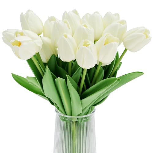 QWORK® 20 pièces Fleurs de Tulipes artificielles, Fleurs de Tulipes artificielles au Toucher réel, Bouquets de décoration pour fête, Mariage et Maison,Blanches