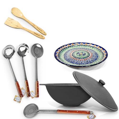 ZARENHOFF Kazan - Cuchara de hierro fundido (16 L, diámetro 46,5 cm, base plana con lagan de 37 cm de diámetro, cuchara de madera para cucharón de madera uzbeka, wok kazan, ljagan, namangan, asia,