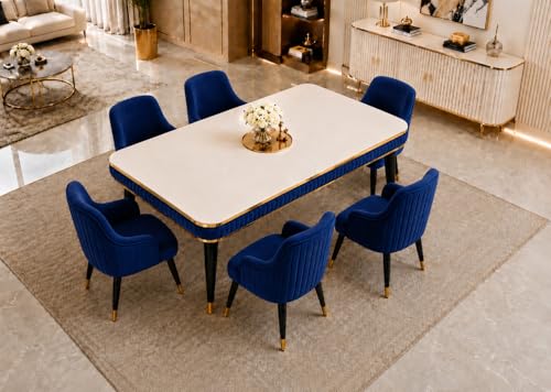 Image of WOODEN SPACE 6-Seater Wooden Dining Table Set | Nano Composite Marble Top | Solid Wood Base | Modern Dining Room Furniture with 6 Chairs (Navy Blue Modern Zyro)