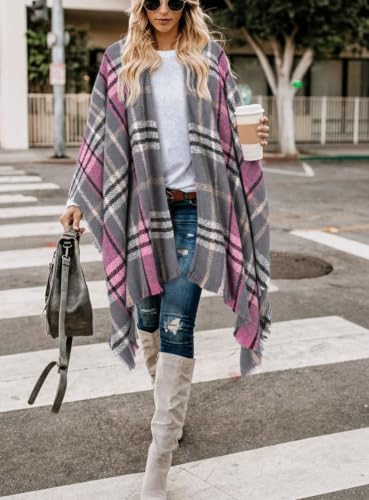 Image of Bestshe Women's Boho Open Front Poncho Plaid Shawl Wrap Cape | Tassel Cardigan Sweater, Cozy Layering, Fall Winter Clothes for Women