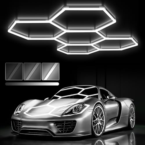 Glitgate Hexagon Garage Lights 3 Level Dimmable 168W 18480LM 5 Hex Grid LED Shop Light 6500K Daylight White Honeycomb Lighting Super Bright Hexagonal Garage Ceiling Lights for Gym Studio WorkShop