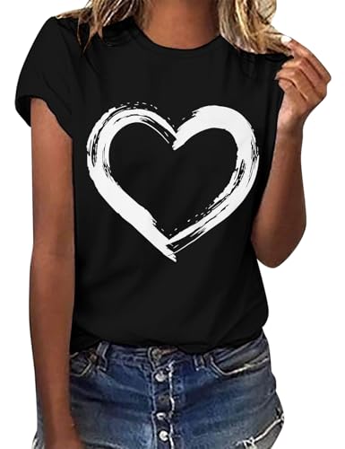 Lonya Tshirt Damen Sommer Oberteile Tops Kurzarm Rundhals Basic Lässig Shirt Bedrucken Lassen Schwarz Tee Shirts Liebe,XL