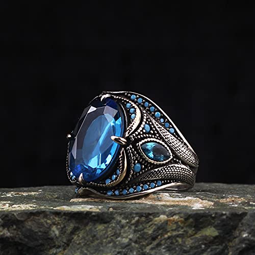 925 Sterling Silver Men's Ring, Blue Topaz Gem Stone Men Silver Ring, Handmade Zircon Stone Silver Ring For Men, Blue Stone Silver Ring Gifts For Men Handmade Rings Valentines Day Gifts For Him #TOP3