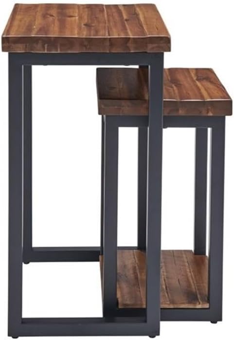 Claremont Rustic Wood Nesting End Tables, Set of 2, Solid Wood and Black-Finished Metal, Large Table 18 in. W x 14 in. D x 26 in. H, Small Table 13.5 in. W x 11.5 in. D x 26 in. H, Drawers and Shelf