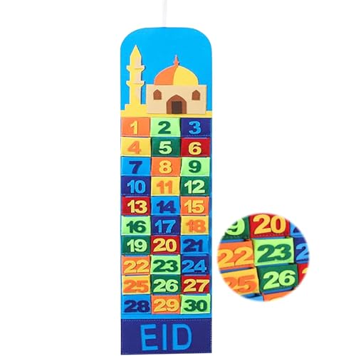 Eid Mubarak Countdown Calendar Felt, Ramadan Eid Mubarak Advent Calendar, Ramadan Pockets Calendar Hanging Bag with 30 Reusable Stars, Advent Calendar for Ramadan Party Decorations (C)