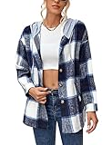 Mingzhu Womens Flannel Plaid Hoodie Jacket Shacket Oversized Button Down Coat(0042-NavyBlue-S)