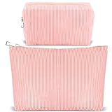 ZLFSRQ 2Pcs Corduroy Makeup Bag Cute Travel Cosmetic Bag Set for Women Large Small Corduroy Zipper Makeup Pouch for Purse Cosmetic Pouch Aesthetic Portable Skincare Toiletry Bags Organizer (Pale Pink)