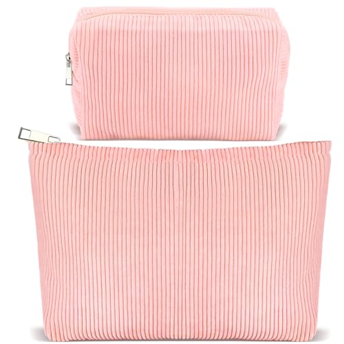 ZLFSRQ 2Pcs Corduroy Makeup Bag Cute Travel Cosmetic Bag Set for Women Large Small Corduroy Zipper Makeup Pouch for Purse Cosmetic Pouch Aesthetic Portable Skincare Toiletry Bags Organizer (Pale Pink)