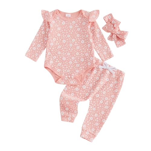 Image of Rarjuiey Newborn Baby Girl Outfits Flower Ribbed Ruffle Long Sleeve Romper Pant Headband 3Pcs Infant Fall Winter Clothes Set