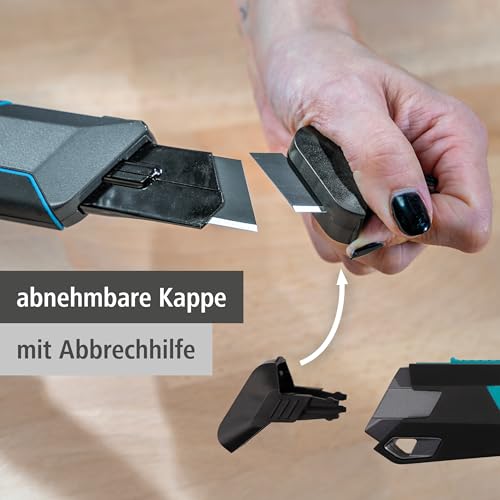 wolfcraft Cuttermesser PRO SAFETY, 25 mm - mit optimale Ergonomie für Links- und Rechtshänder - Extrascharfes Profimesser - Abbrechklingenmesser 4291000