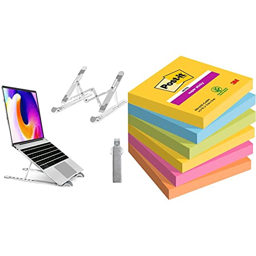 Casavello Support Ordinateur Portable, à 7 Niveaux Ventilé , Antidérapant en Aluminium Ajustbable Laptop Stand & Post-it Notes Super Sticky, Couleurs Carnival, 76 mm x 76 mm, 90 Feuilles/Bloc Cover